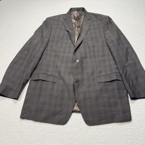 Calvin Klein Mens 100% Wool Blazer Brown Plaid 2 Button Sport Coat Lined 46L